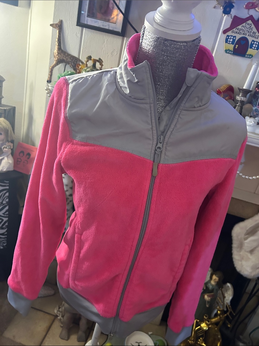 Women's Pink Fleece jacket with Gray Trim - Casual Zip Front